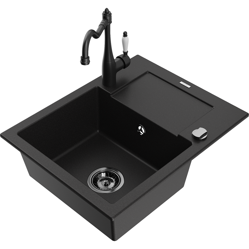 Mexen Enzo zlewozmywak granitowy 1-komorowy z ociekaczem i baterią kuchenną Carla, czarny - 6506-77-670700-70-B