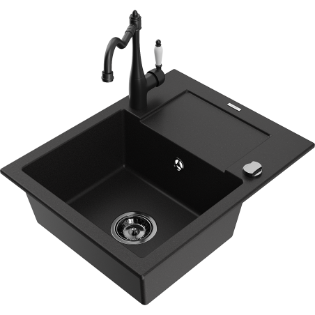 Mexen Enzo zlewozmywak granitowy 1-komorowy z ociekaczem i baterią kuchenną Carla, czarny - 6506-77-670700-70-B