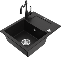 Mexen Enzo zlewozmywak granitowy 1-komorowy z ociekaczem i baterią kuchenną Carla, czarny - 6506-77-670700-70