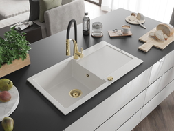 Mexen Leo zlewozmywak granitowy 1-komorowy z ociekaczem i baterią kuchenną Aster, biały - 6501-20-73450-57-G