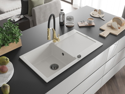 Mexen Leo zlewozmywak granitowy 1-komorowy z ociekaczem i baterią kuchenną Aster, biały - 6501-20-73450-57-B