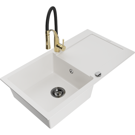 Mexen Leo zlewozmywak granitowy 1-komorowy z ociekaczem i baterią kuchenną Aster, biały - 6501-20-73450-57-B