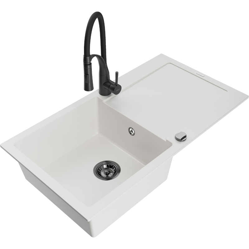 Mexen Leo zlewozmywak granitowy 1-komorowy z ociekaczem i baterią kuchenną Aster, biały - 6501-20-73450-70-B