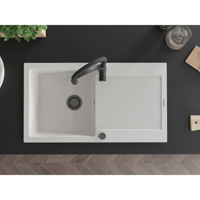 Mexen Leo zlewozmywak granitowy 1-komorowy z ociekaczem i baterią kuchenną Aster, biały - 6501-20-73450-70-B