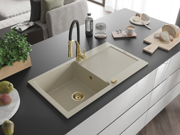 Mexen Leo zlewozmywak granitowy 1-komorowy z ociekaczem i baterią kuchenną Aster, beżowy - 6501-69-73450-57-G