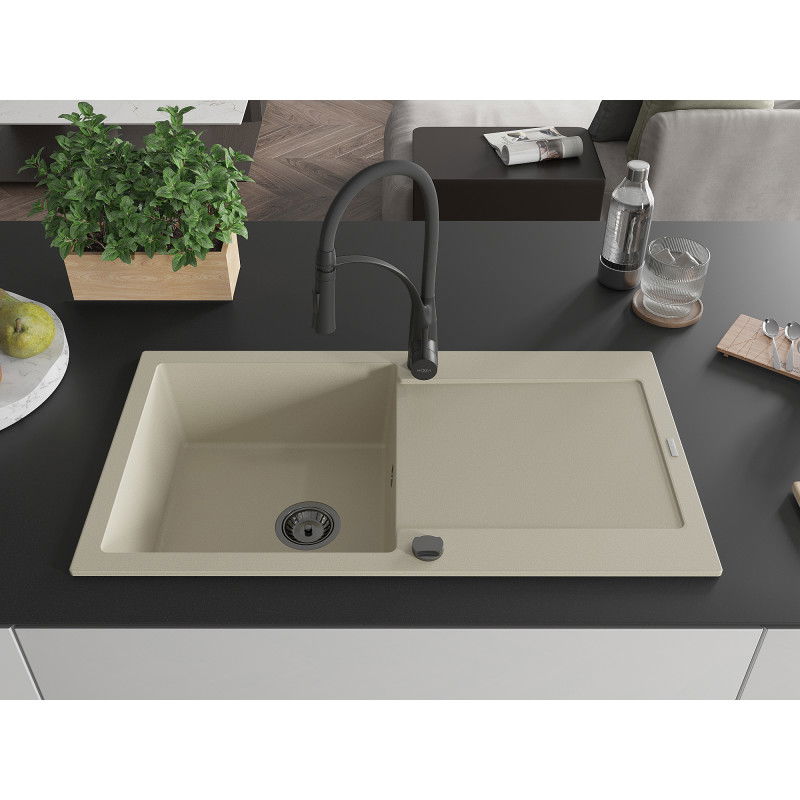 Mexen Leo zlewozmywak granitowy 1-komorowy z ociekaczem i baterią kuchenną Aster, beżowy - 6501-69-73450-70-B
