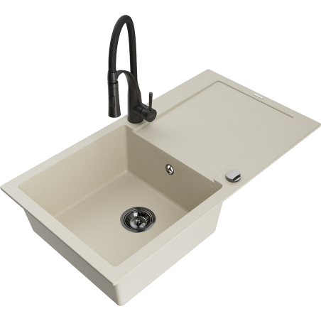 Mexen Leo zlewozmywak granitowy 1-komorowy z ociekaczem i baterią kuchenną Aster, beżowy - 6501-69-73450-70-B