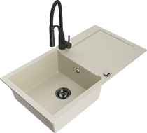 Mexen Leo zlewozmywak granitowy 1-komorowy z ociekaczem i baterią kuchenną Aster, beżowy - 6501-69-73450-70-B