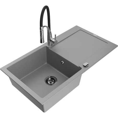 Mexen Leo zlewozmywak granitowy 1-komorowy z ociekaczem i baterią kuchenną Aster, szary - 6501-71-73450-07-B