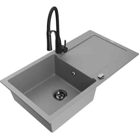 Mexen Leo zlewozmywak granitowy 1-komorowy z ociekaczem i baterią kuchenną Aster, szary - 6501-71-73450-70-B