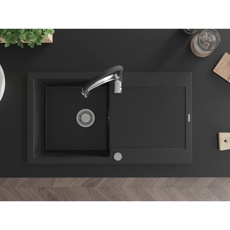 Mexen Leo zlewozmywak granitowy 1-komorowy z ociekaczem i baterią kuchenną Aster, czarny/srebrny metalik - 6501-73-73450-07