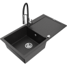 Mexen Leo zlewozmywak granitowy 1-komorowy z ociekaczem i baterią kuchenną Aster, czarny/srebrny metalik - 6501-73-73450-07