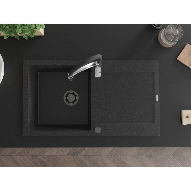 Mexen Leo zlewozmywak granitowy 1-komorowy z ociekaczem i baterią kuchenną Aster, czarny/srebrny metalik - 501-73-73450-07-B