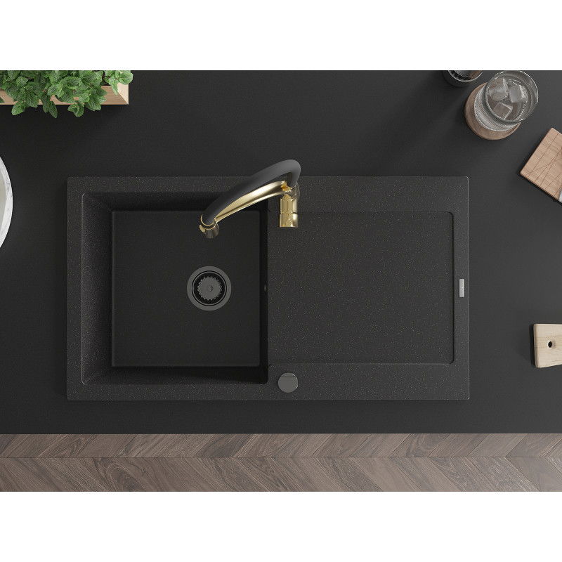 Mexen Leo zlewozmywak granitowy 1-komorowy z ociekaczem i baterią kuchenną Aster, czarny/srebrny metalik - 6501-73-73450-57-B