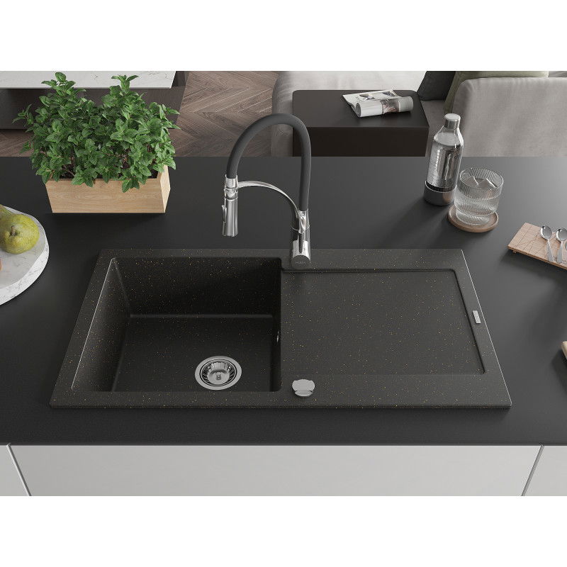 Mexen Leo zlewozmywak granitowy 1-komorowy z ociekaczem i baterią kuchenną Aster, czarny/złoty metalik - 6501-75-73450-07