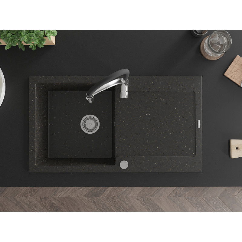 Mexen Leo zlewozmywak granitowy 1-komorowy z ociekaczem i baterią kuchenną Aster, czarny/złoty metalik - 6501-75-73450-07
