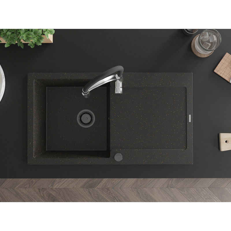 Mexen Leo zlewozmywak granitowy 1-komorowy z ociekaczem i baterią kuchenną Aster, czarny/złoty metalik - 6501-75-73450-07-B