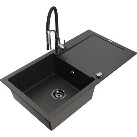 Mexen Leo zlewozmywak granitowy 1-komorowy z ociekaczem i baterią kuchenną Aster, czarny/złoty metalik - 6501-75-73450-07-B