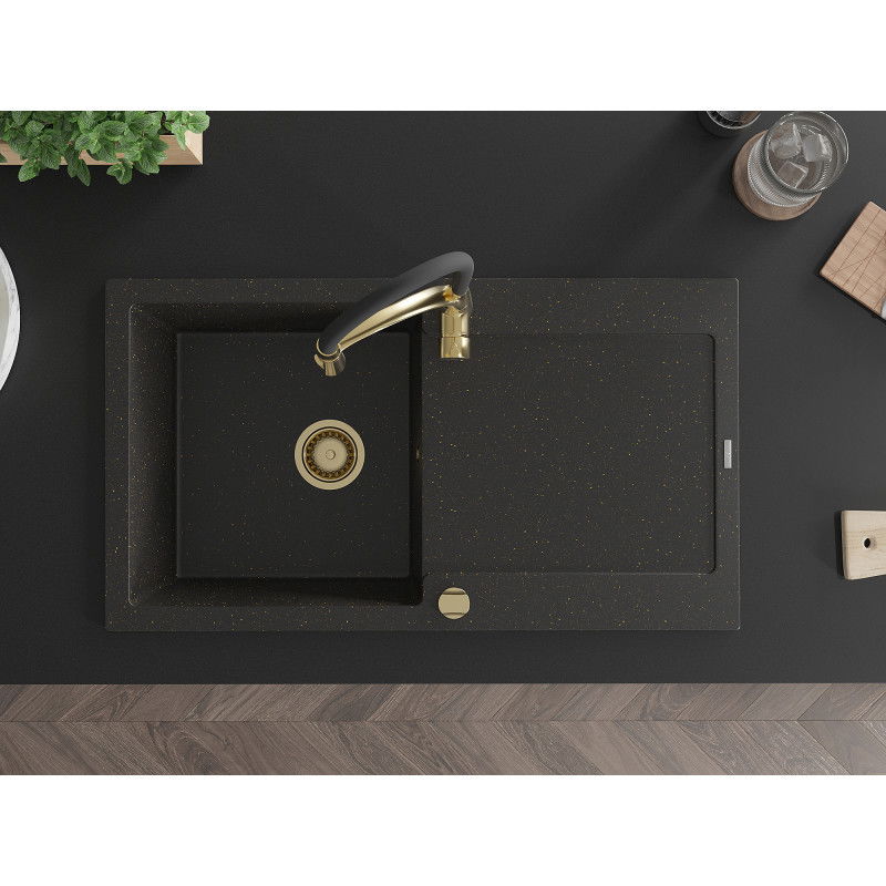 Mexen Leo zlewozmywak granitowy 1-komorowy z ociekaczem i baterią kuchenną Aster, czarny/złoty metalik - 6501-75-73450-57-G