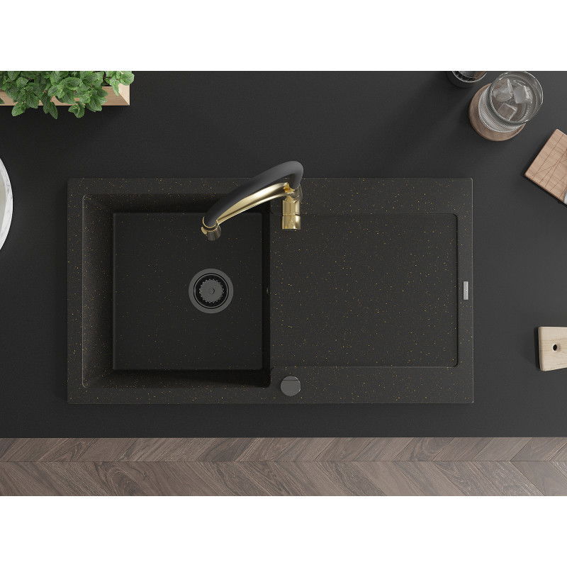 Mexen Leo zlewozmywak granitowy 1-komorowy z ociekaczem i baterią kuchenną Aster, czarny/złoty metalik - 6501-75-73450-57-B