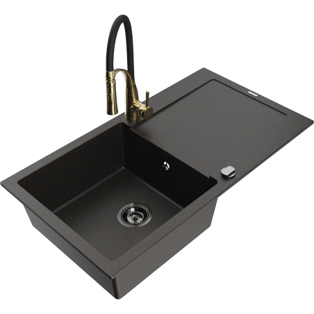 Mexen Leo zlewozmywak granitowy 1-komorowy z ociekaczem i baterią kuchenną Aster, czarny/złoty metalik - 6501-75-73450-57-B