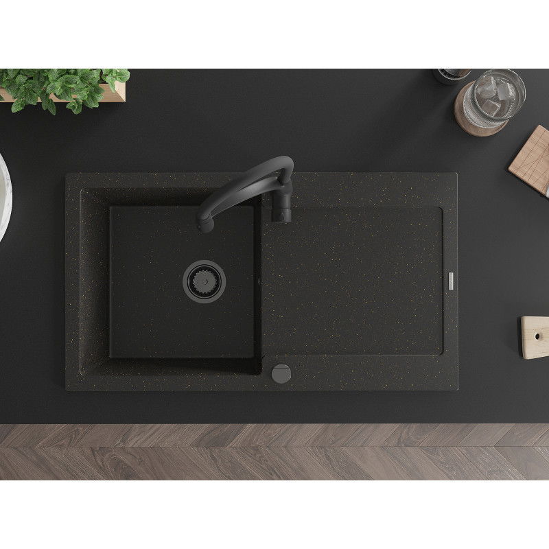 Mexen Leo zlewozmywak granitowy 1-komorowy z ociekaczem i baterią kuchenną Aster, czarny/złoty metalik - 6501-75-73450-70-B