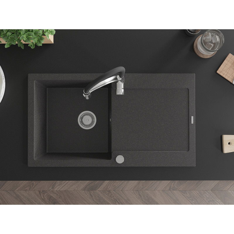 Mexen Leo zlewozmywak granitowy 1-komorowy z ociekaczem i baterią kuchenną Aster, czarny nakrapiany - 6501-76-73450-07