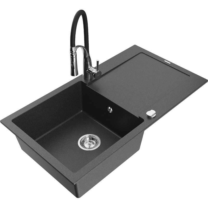 Mexen Leo zlewozmywak granitowy 1-komorowy z ociekaczem i baterią kuchenną Aster, czarny nakrapiany - 6501-76-73450-07