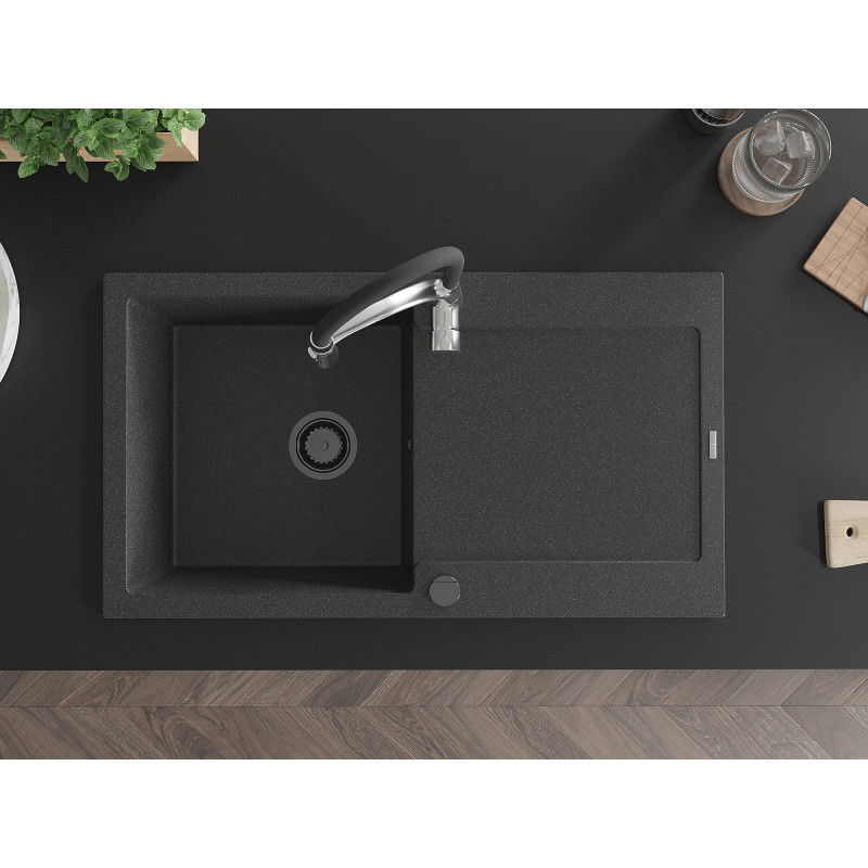 Mexen Leo zlewozmywak granitowy 1-komorowy z ociekaczem i baterią kuchenną Aster, czarny nakrapiany - 6501-76-73450-07-B