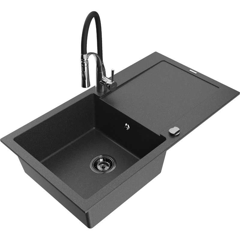 Mexen Leo zlewozmywak granitowy 1-komorowy z ociekaczem i baterią kuchenną Aster, czarny nakrapiany - 6501-76-73450-07-B