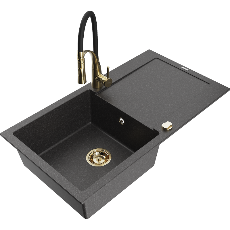 Mexen Leo zlewozmywak granitowy 1-komorowy z ociekaczem i baterią kuchenną Aster, czarny nakrapiany - 6501-76-73450-57-G