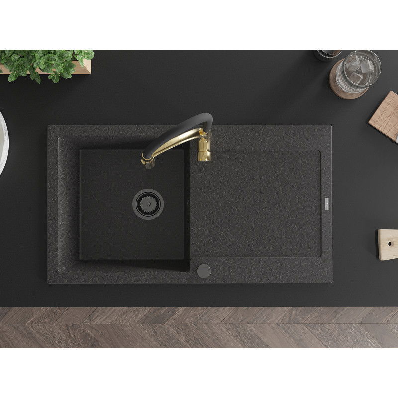 Mexen Leo zlewozmywak granitowy 1-komorowy z ociekaczem i baterią kuchenną Aster, czarny nakrapiany - 6501-76-73450-57-B