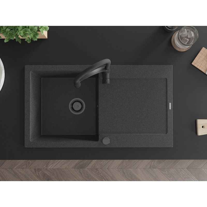 Mexen Leo zlewozmywak granitowy 1-komorowy z ociekaczem i baterią kuchenną Aster, czarny nakrapiany - 6501-76-73450-70-B