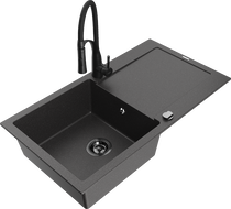 Mexen Leo zlewozmywak granitowy 1-komorowy z ociekaczem i baterią kuchenną Aster, czarny nakrapiany - 6501-76-73450-70-B