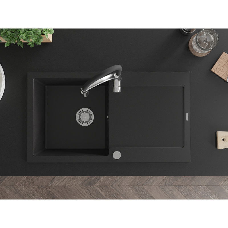 Mexen Leo zlewozmywak granitowy 1-komorowy z ociekaczem i baterią kuchenną Aster, czarny - 6501-77-73450-07