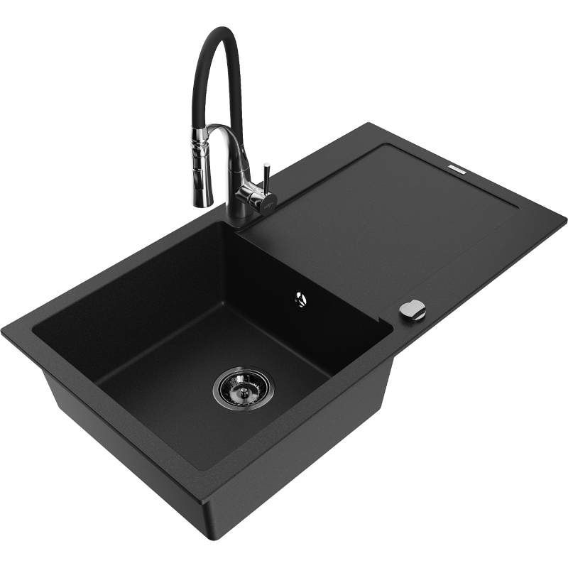 Mexen Leo zlewozmywak granitowy 1-komorowy z ociekaczem i baterią kuchenną Aster, czarny - 6501-77-73450-07-B