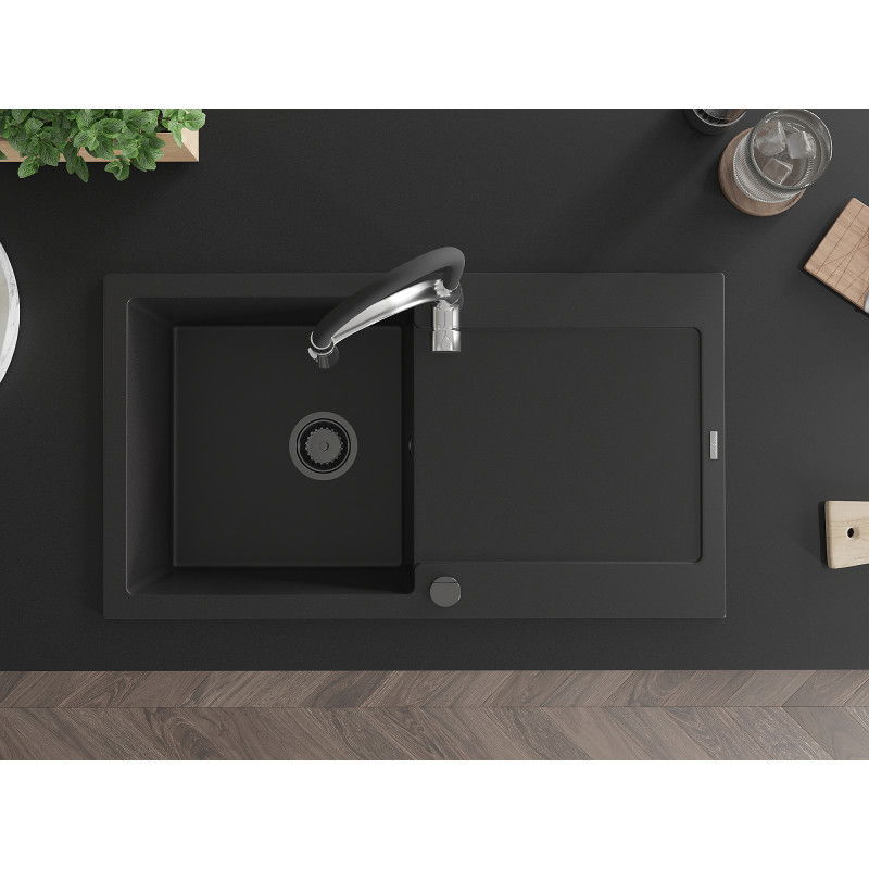 Mexen Leo zlewozmywak granitowy 1-komorowy z ociekaczem i baterią kuchenną Aster, czarny - 6501-77-73450-07-B
