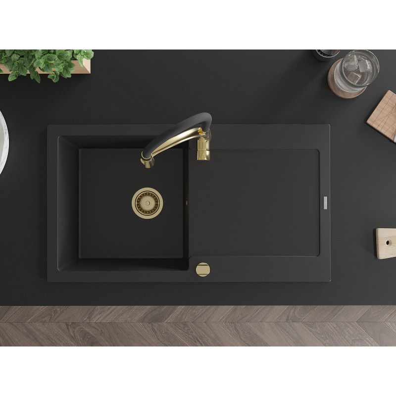 Mexen Leo zlewozmywak granitowy 1-komorowy z ociekaczem i baterią kuchenną Aster, czarny - 6501-77-73450-57-G