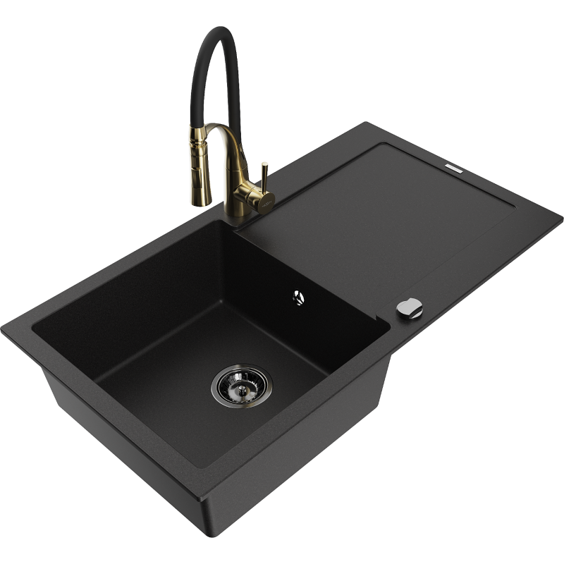 Mexen Leo zlewozmywak granitowy 1-komorowy z ociekaczem i baterią kuchenną Aster, czarny - 6501-77-73450-57-B