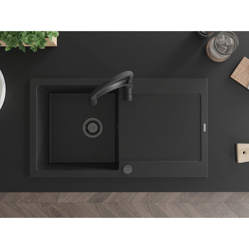 Mexen Leo zlewozmywak granitowy 1-komorowy z ociekaczem i baterią kuchenną Aster, czarny - 6501-77-73450-70-B