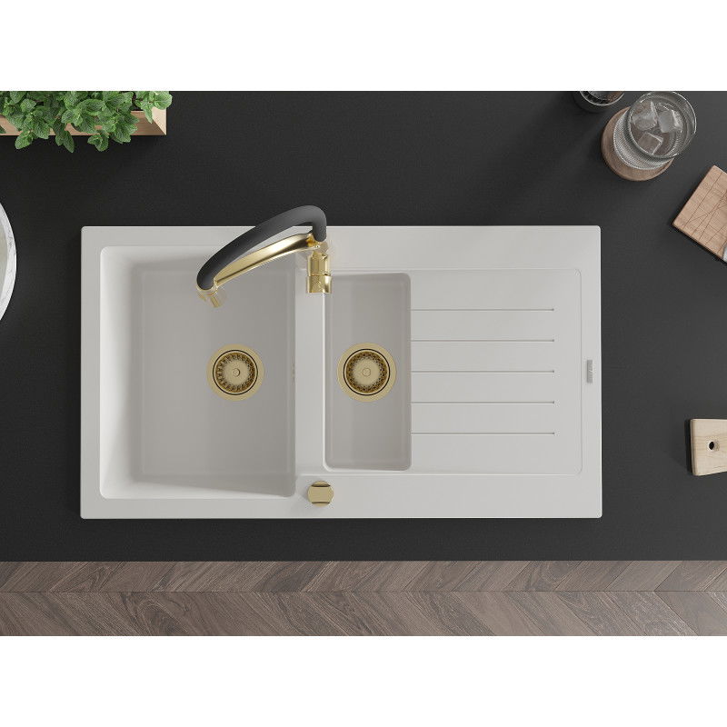 Mexen Matias zlewozmywak granitowy 1,5-komorowy z ociekaczem i baterią kuchenną Aster, biały - 6502-20-73450-57-G