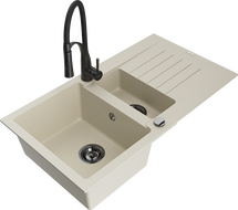 Mexen Matias zlewozmywak granitowy 1,5-komorowy z ociekaczem i baterią kuchenną Aster, beżowy - 6502-69-73450-70-B