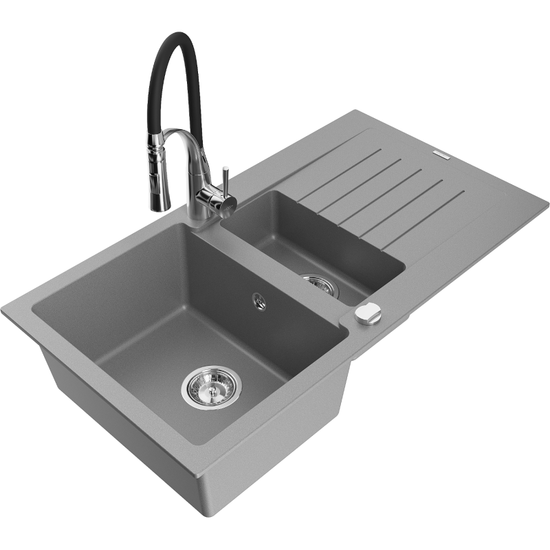 Mexen Matias zlewozmywak granitowy 1,5-komorowy z ociekaczem i baterią kuchenną Aster, szary - 6502-71-73450-07