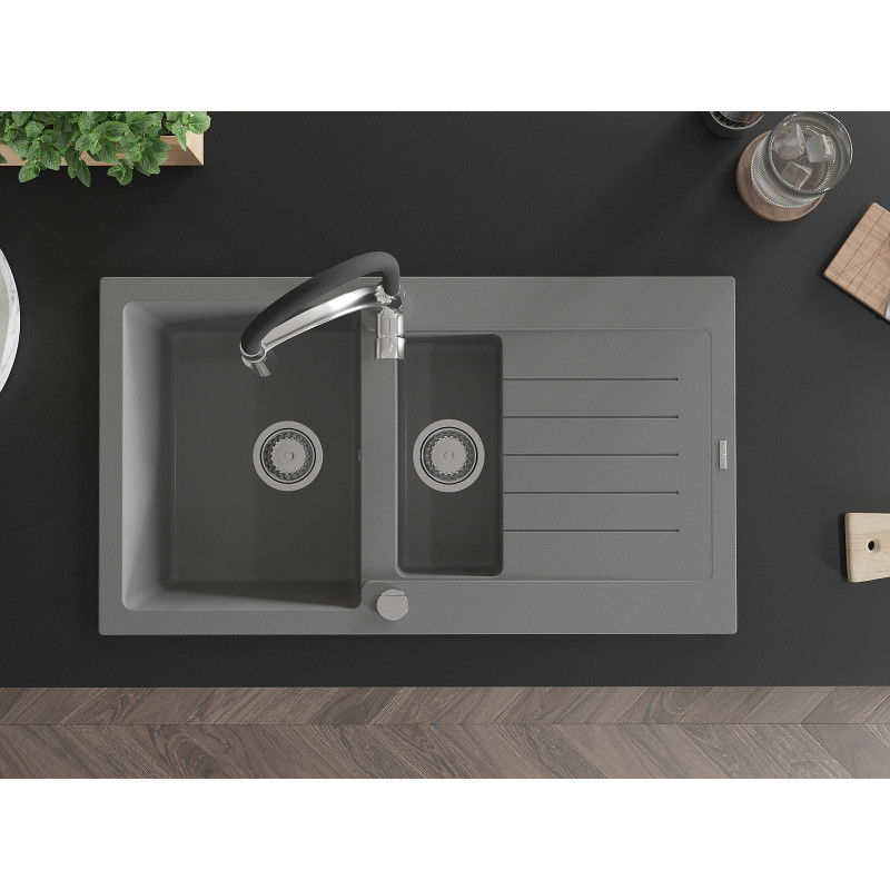 Mexen Matias zlewozmywak granitowy 1,5-komorowy z ociekaczem i baterią kuchenną Aster, szary - 6502-71-73450-07