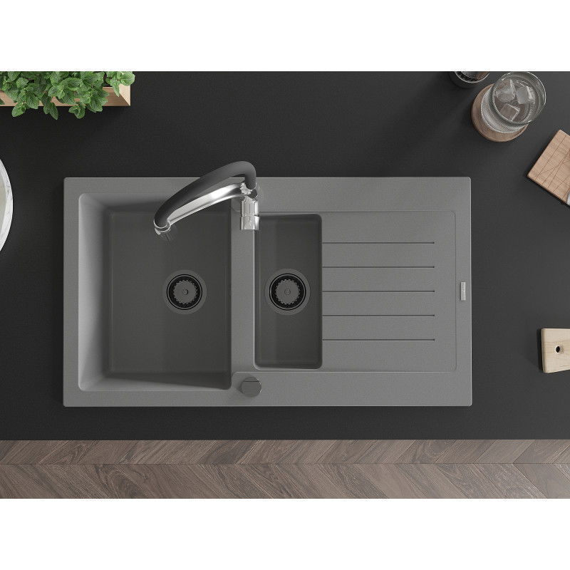 Mexen Matias zlewozmywak granitowy 1,5-komorowy z ociekaczem i baterią kuchenną Aster, szary - 6502-71-73450-07-B