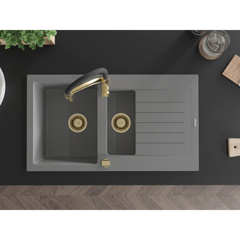 Mexen Matias zlewozmywak granitowy 1,5-komorowy z ociekaczem i baterią kuchenną Aster, szary - 6502-71-73450-57-G