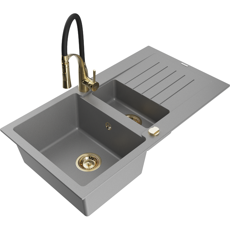 Mexen Matias zlewozmywak granitowy 1,5-komorowy z ociekaczem i baterią kuchenną Aster, szary - 6502-71-73450-57-G