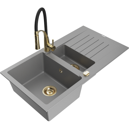 Mexen Matias zlewozmywak granitowy 1,5-komorowy z ociekaczem i baterią kuchenną Aster, szary - 6502-71-73450-57-G