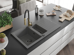 Mexen Matias zlewozmywak granitowy 1,5-komorowy z ociekaczem i baterią kuchenną Aster, szary - 6502-71-73450-57-B