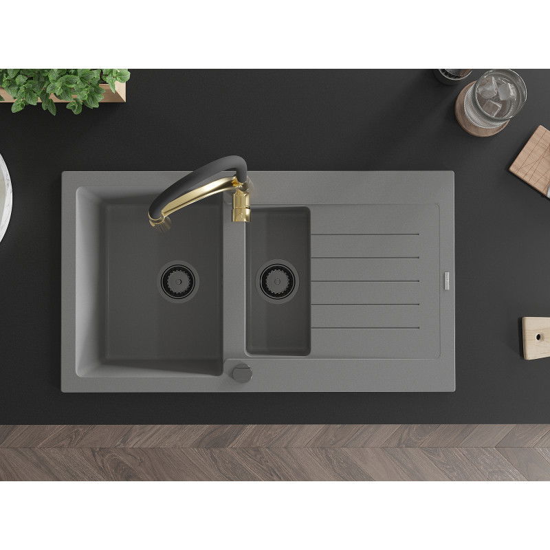 Mexen Matias zlewozmywak granitowy 1,5-komorowy z ociekaczem i baterią kuchenną Aster, szary - 6502-71-73450-57-B